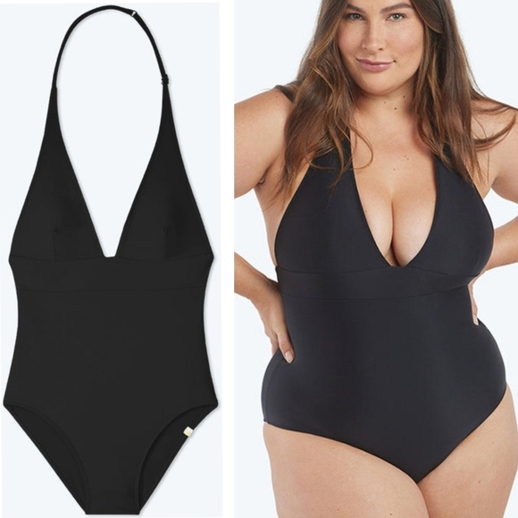 Summersalt Halter Plunge V-Neck Beach Vacation One-Piece Swimsuit Black 14 - Picture 1 of 12